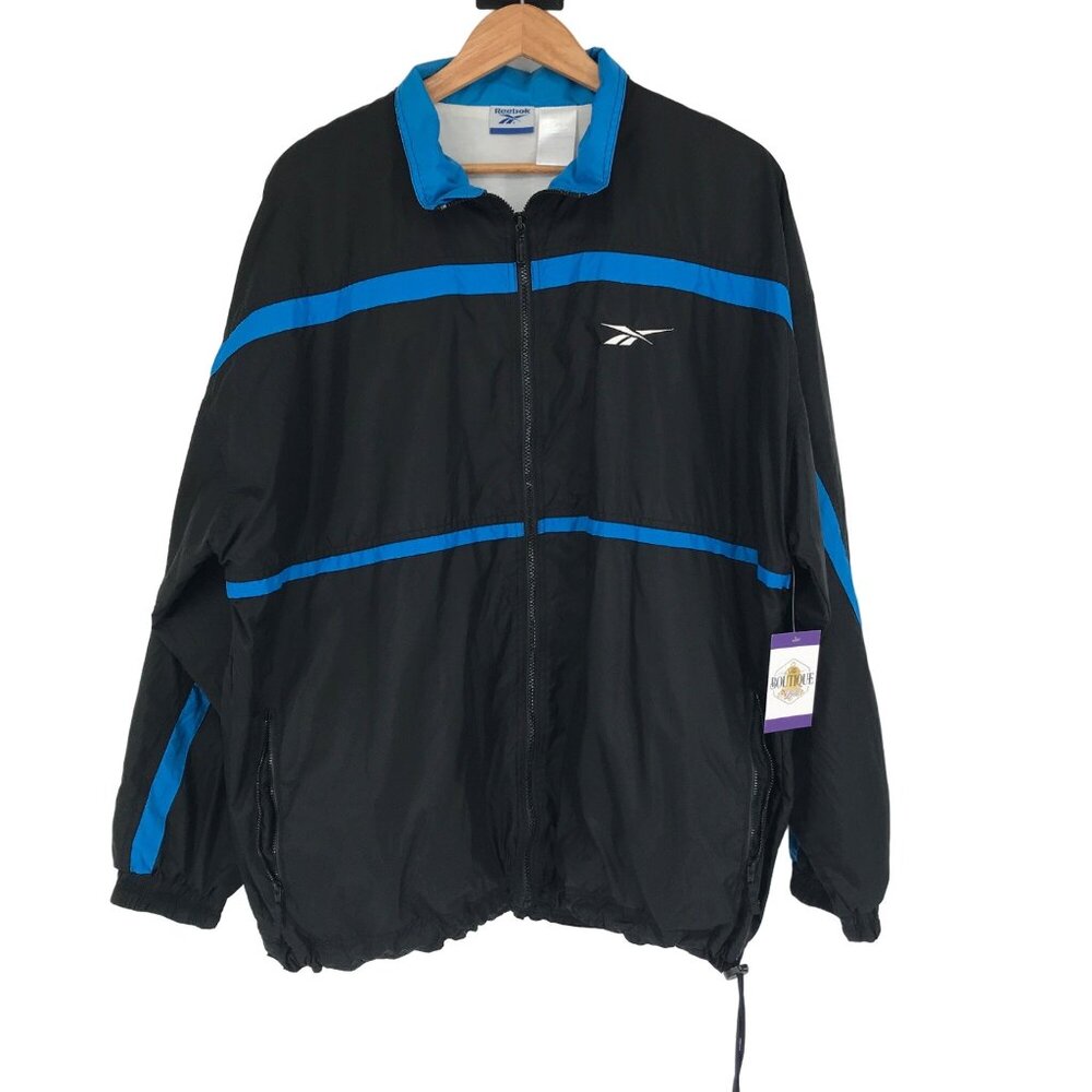Vintage Reebok Windbreaker Jacket Full Zip Large Black Blue Pockets Collar 90s